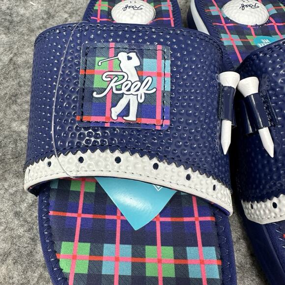 Reef Mulligan Golf Slide Mens Size 11 Blue Plaid Scottish Matters 2 Sandal - Picture 3 of 8